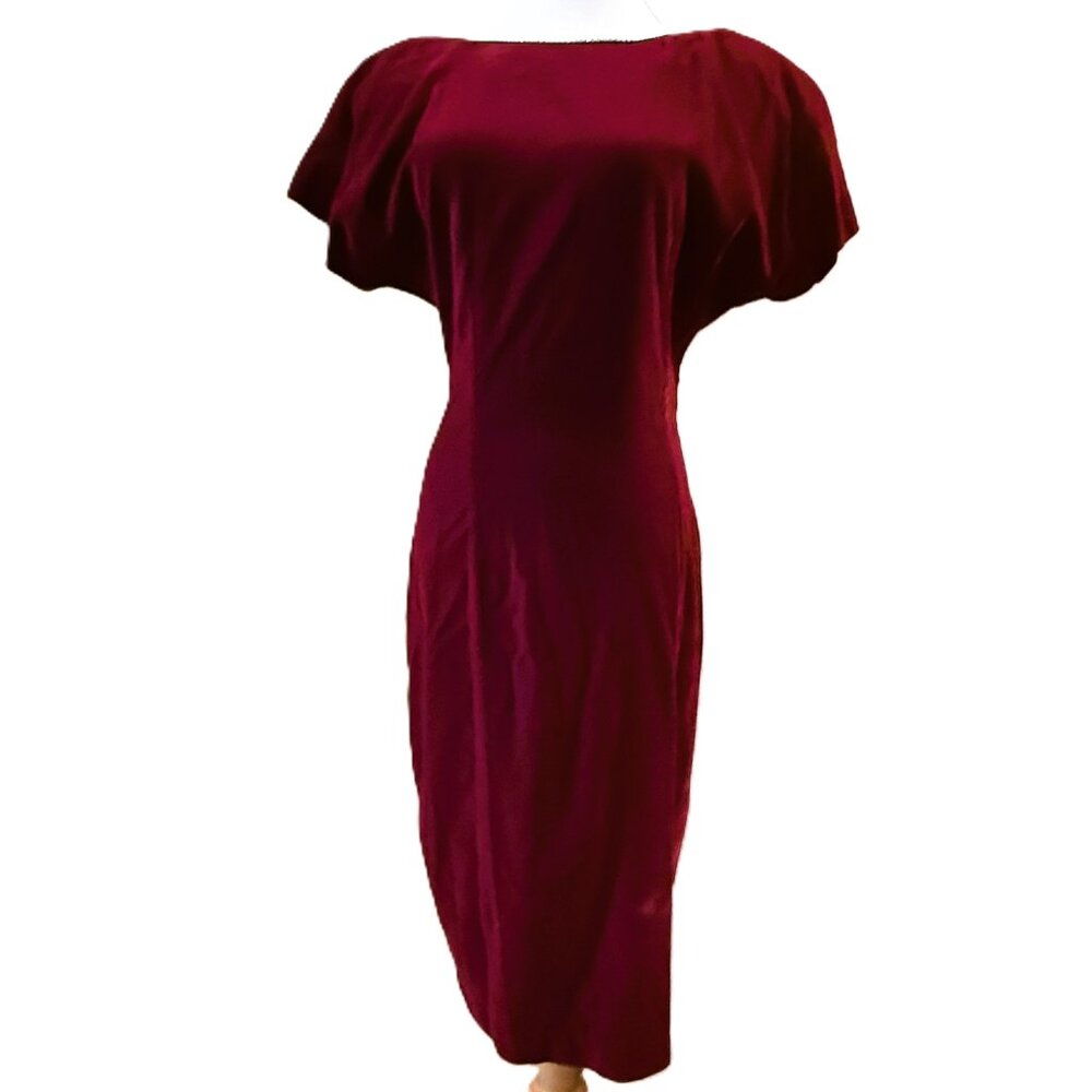 VTG 80s/90s Velvet Cap Sleeve Cocktail Dress Rhinestones Open Back Burgdy Retro